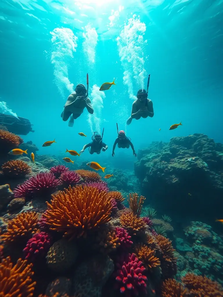 A group of snorkelers being led by a guide in a vibrant coral reef, showcasing the diversity of marine life in Puerto Rico's waters.