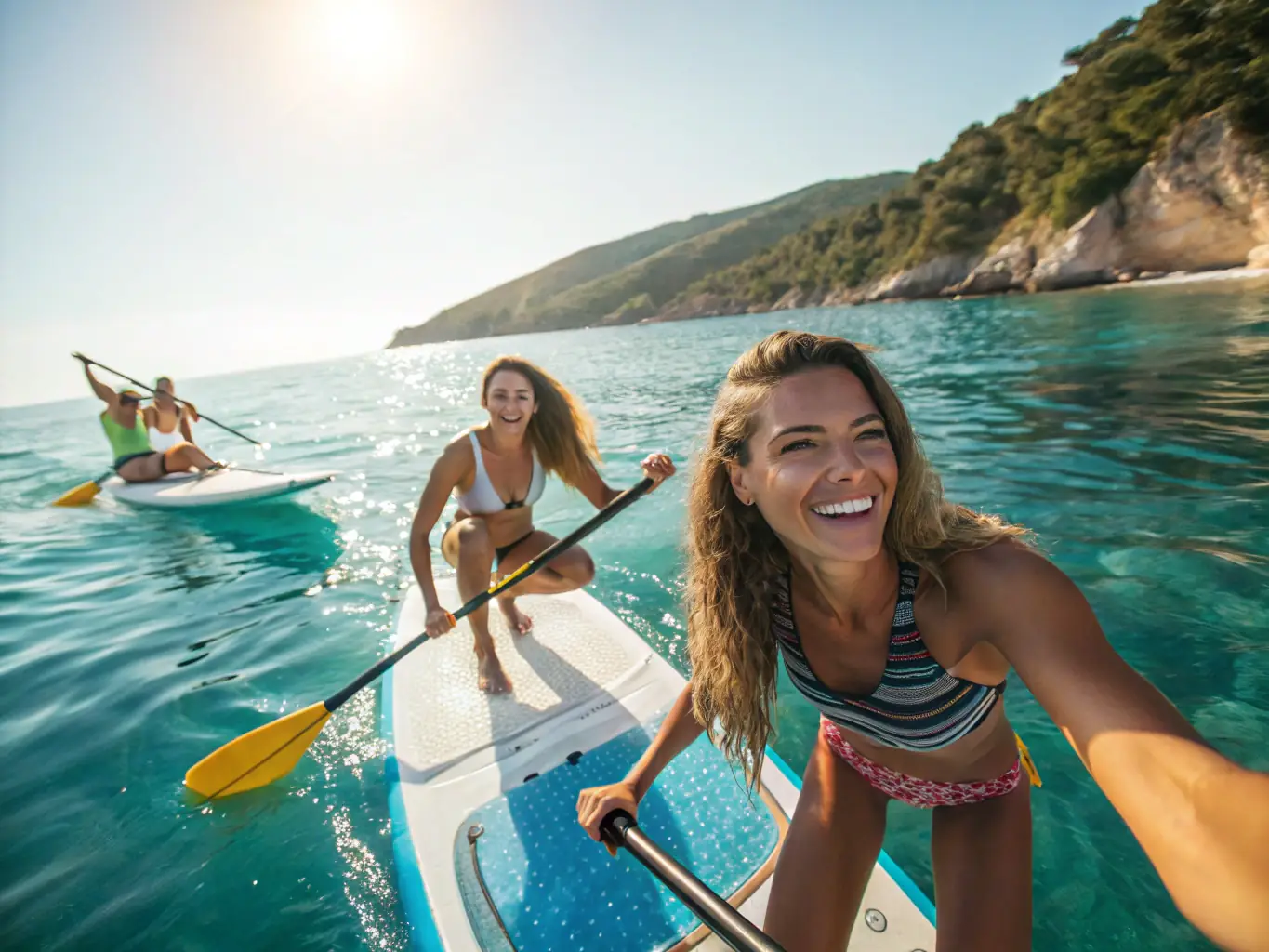 A peaceful scene of a paddle boarder gliding over calm, turquoise waters at sunset, with a friendly guide nearby, showcasing the serenity of the Guided Paddle Board Session.