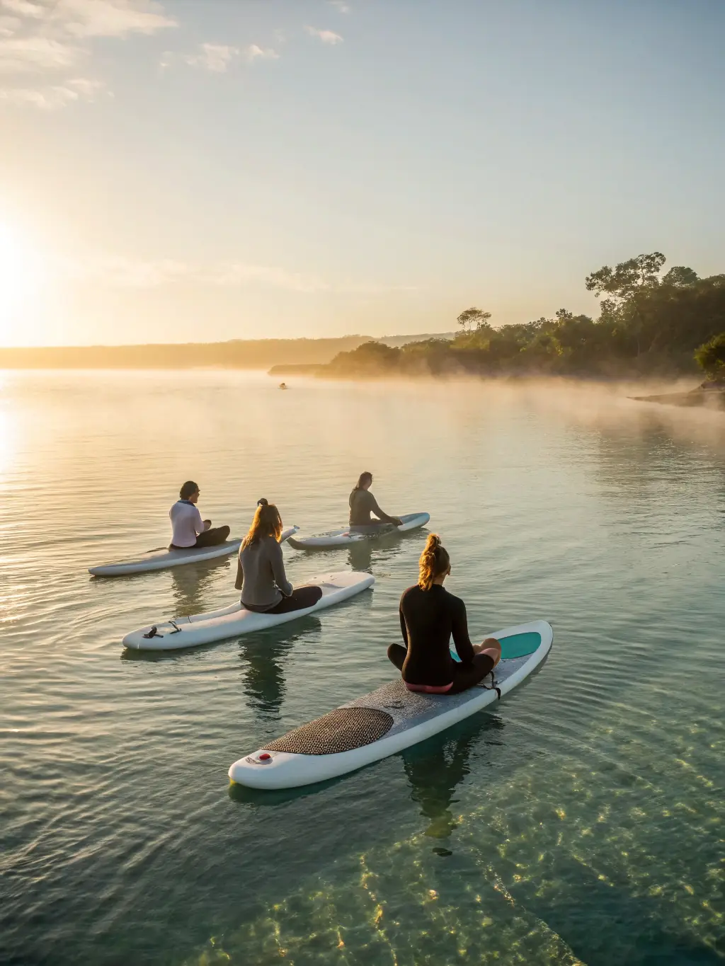 A supportive instructor gently guiding a participant with limited mobility during an adaptive aquatic wellness experience in a calm ocean setting.