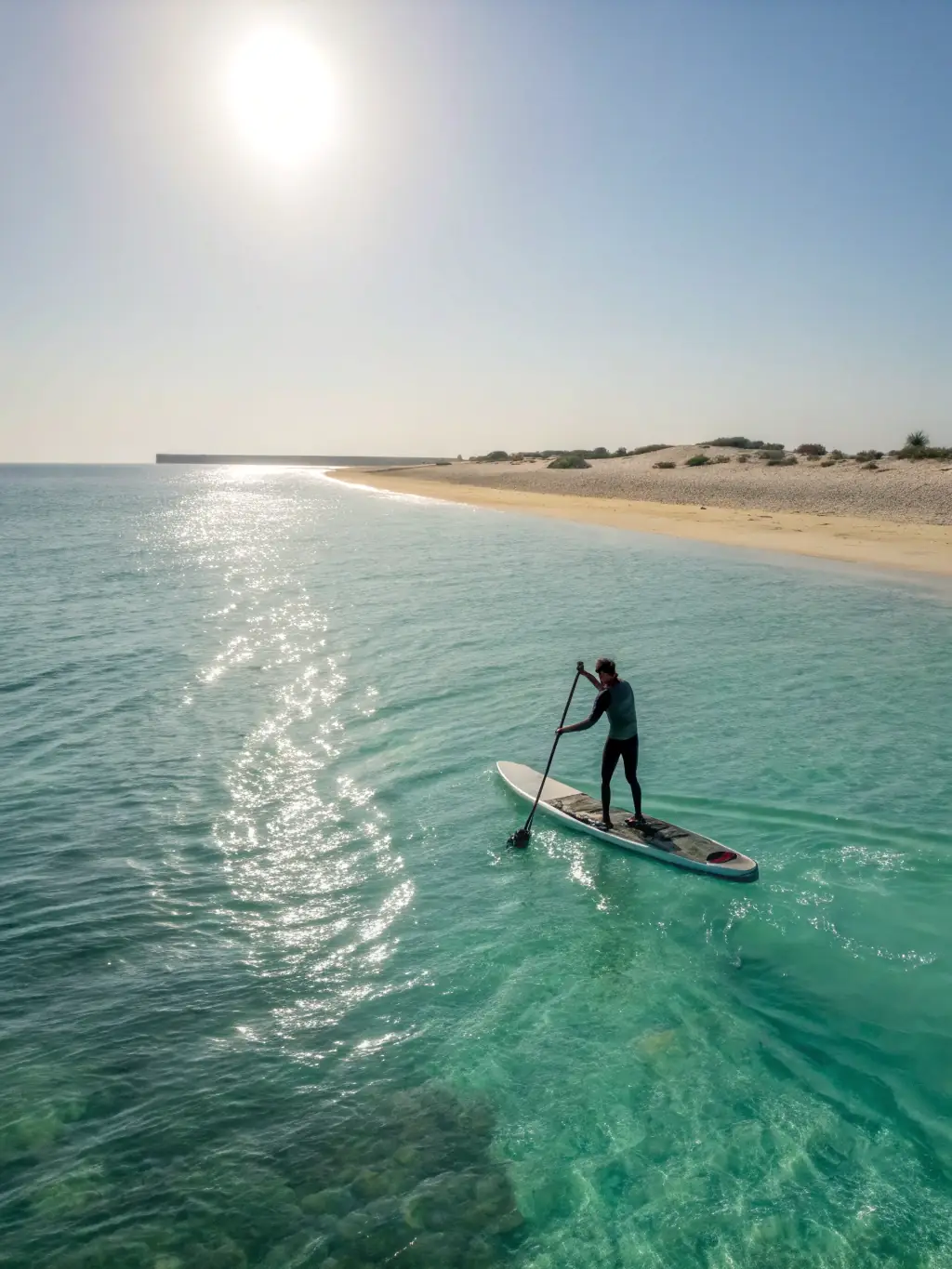 A serene image of a person paddle boarding on calm, turquoise waters in Puerto Rico at sunset, with a focus on the peacefulness and connection with nature.