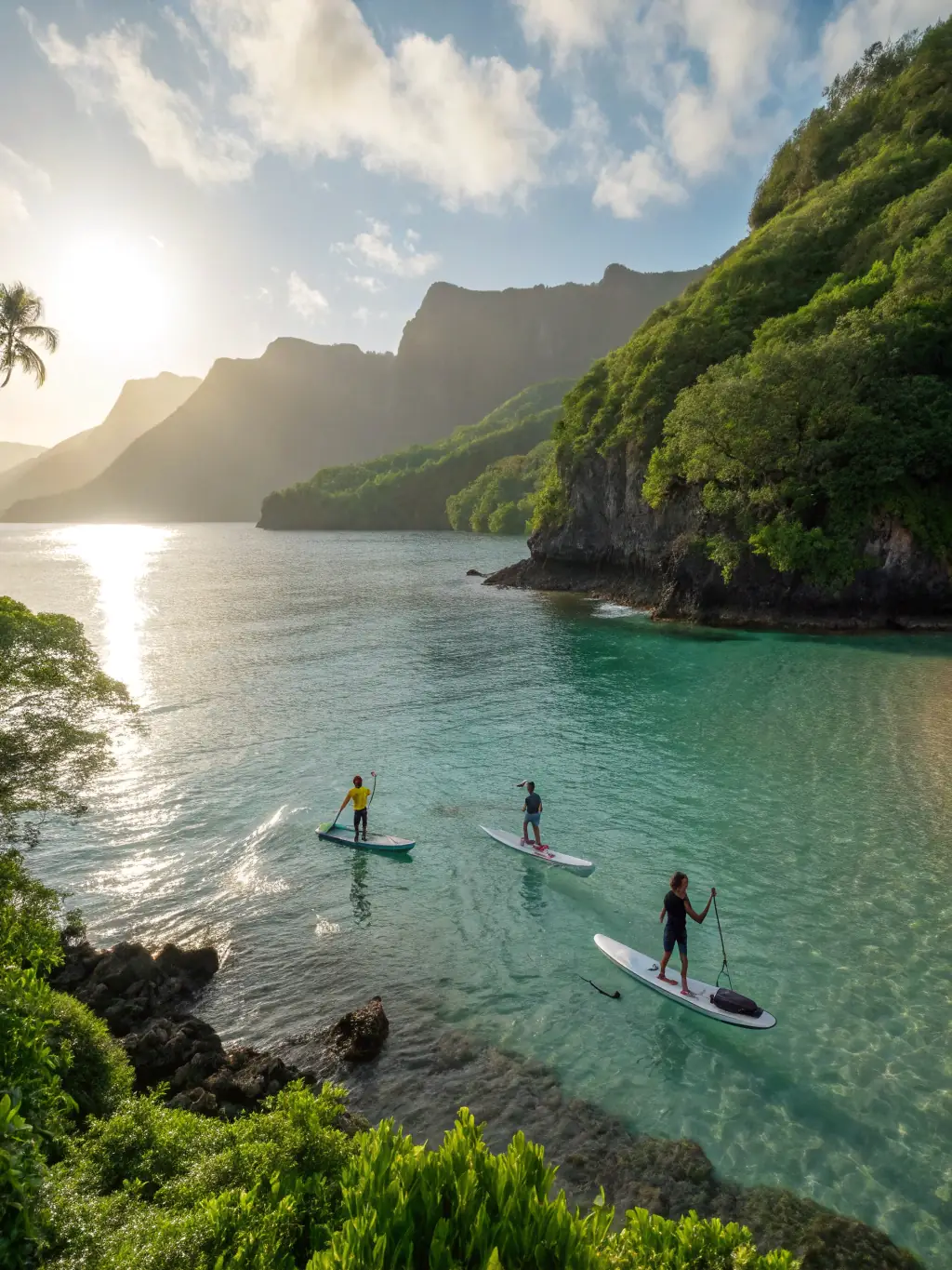 A serene image of a person effortlessly paddle boarding on calm, turquoise waters, symbolizing the ease and relaxation offered by 2EZ Waves.