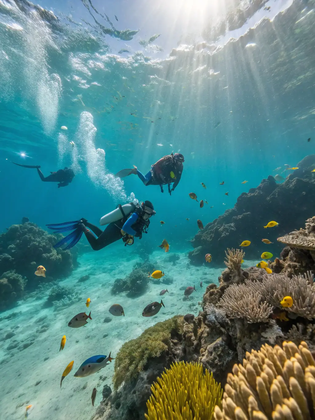 An image showcasing a group of people snorkeling in crystal-clear waters, observing colorful coral reefs and marine life in Puerto Rico.