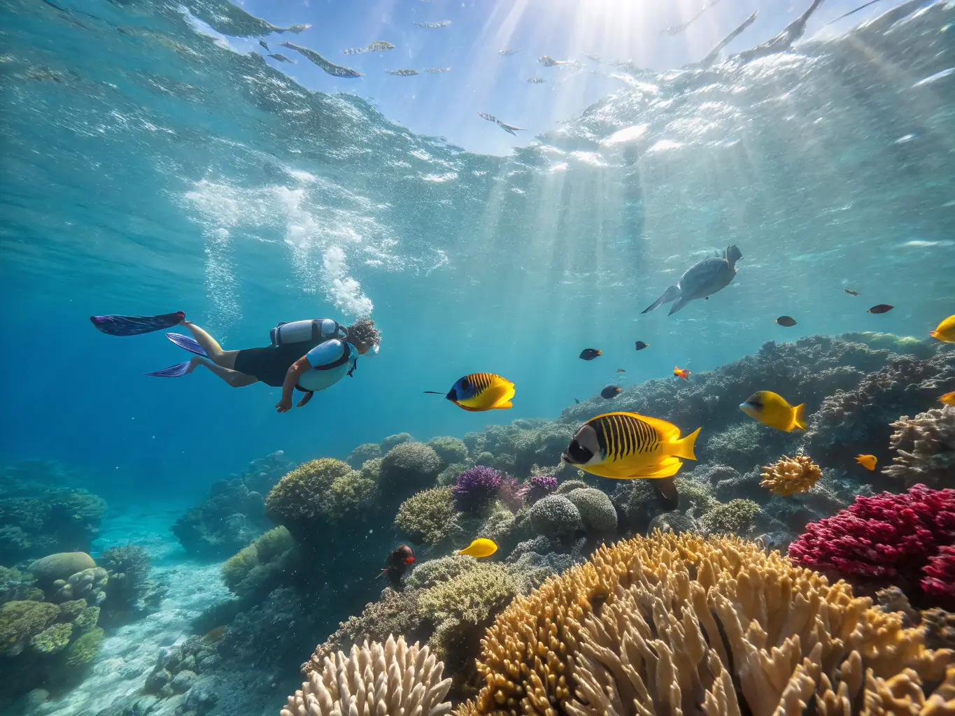 A close-up image of a guest snorkeling off their paddleboard, colorful tropical fish and coral visible below, with the paddleboard floating nearby and the sun sparkling on the water’s surface.