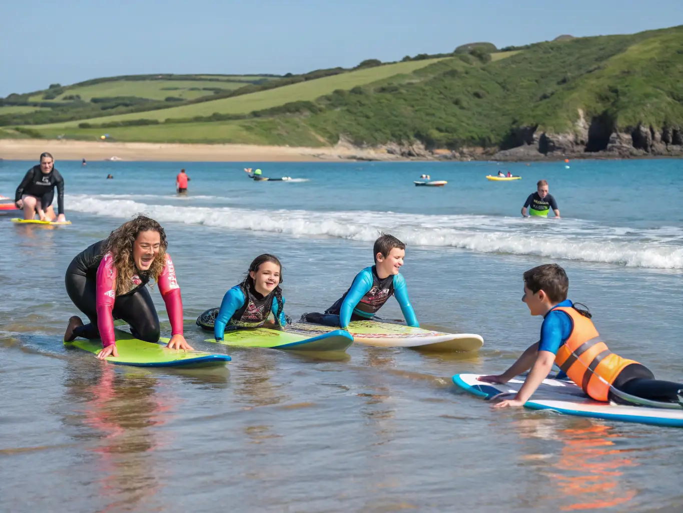 A cheerful family with children learning to paddleboard together in shallow, clear water, an instructor nearby offering encouragement, everyone wearing life vests and looking confident.