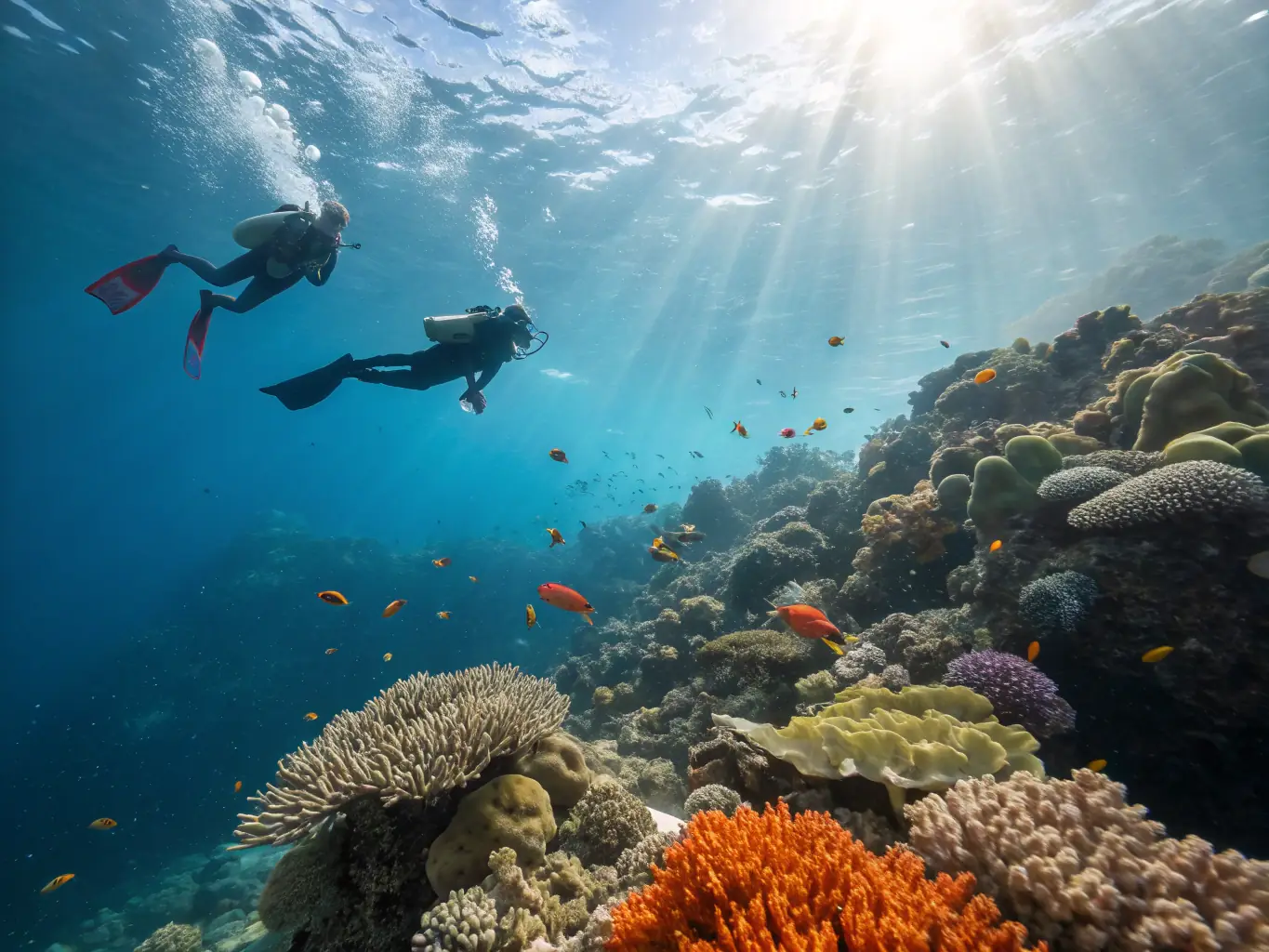 A sunny image showing a diverse group of people snorkeling in crystal-clear waters, observing colorful fish and coral reefs, highlighting the snorkeling portion of the tour.