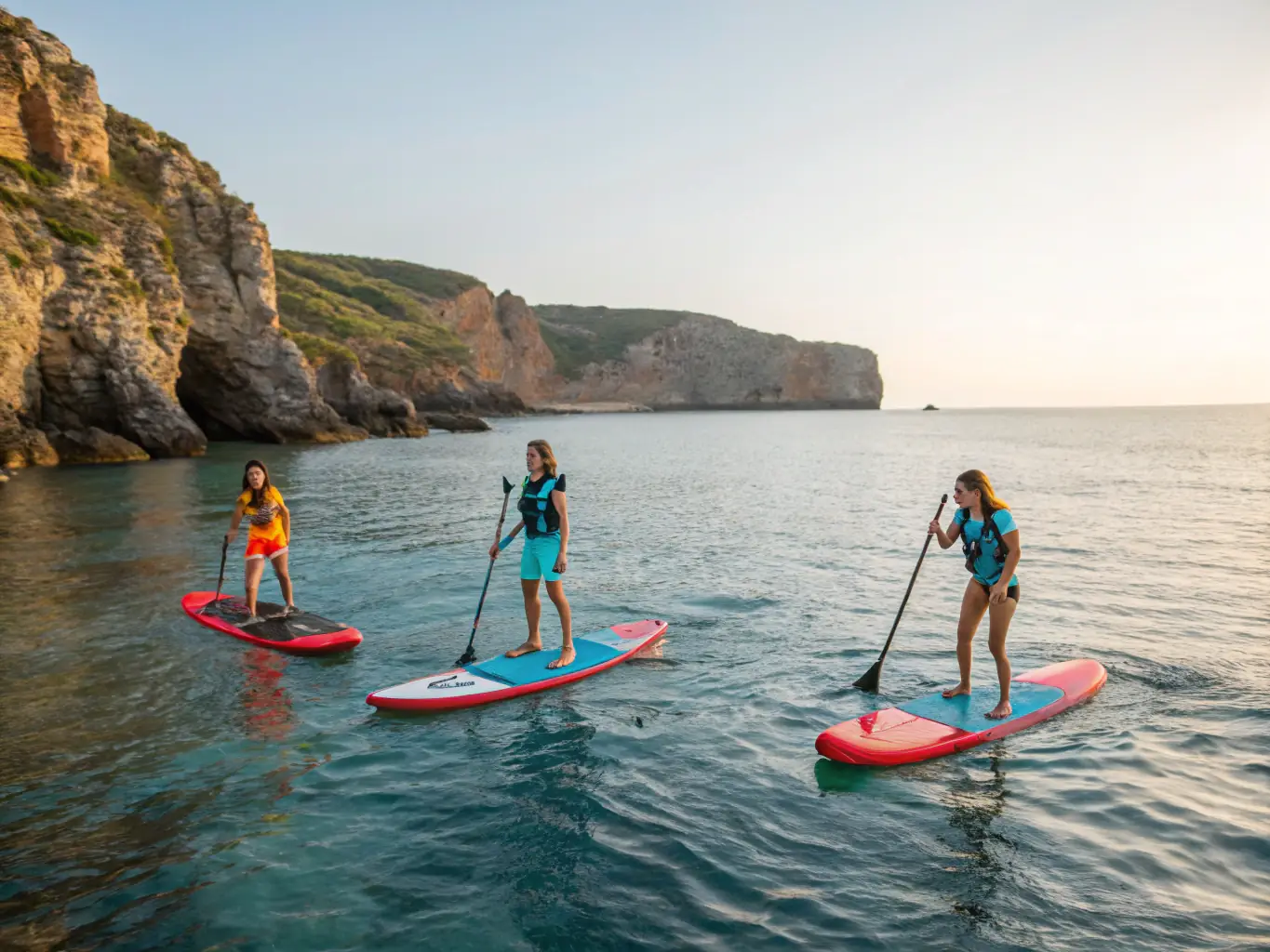 A vibrant photo of a small group paddleboarding with a local guide on turquoise Puerto Rican waters, lush green coastline in the background, sunny skies, and everyone smiling and enjoying the adventure.